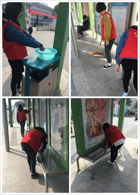 志愿者清洁公交站台 擦亮城市文明窗口